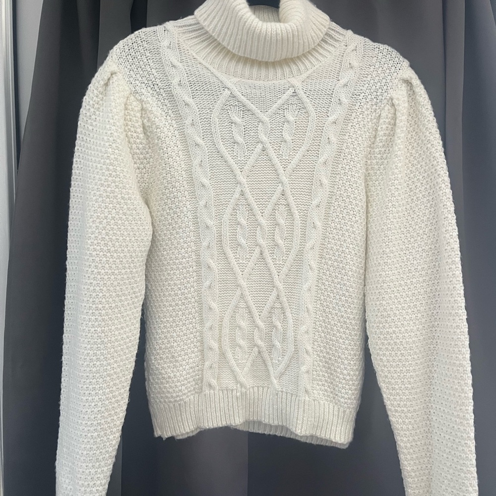 Turtleneck Cable Knit Puff Shoulder Sweater - White